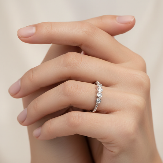 Diamond Bezel Half Band Ring in Gold – Minimal 5 Stone Stackable Ring with Beaded Shank | Jebij