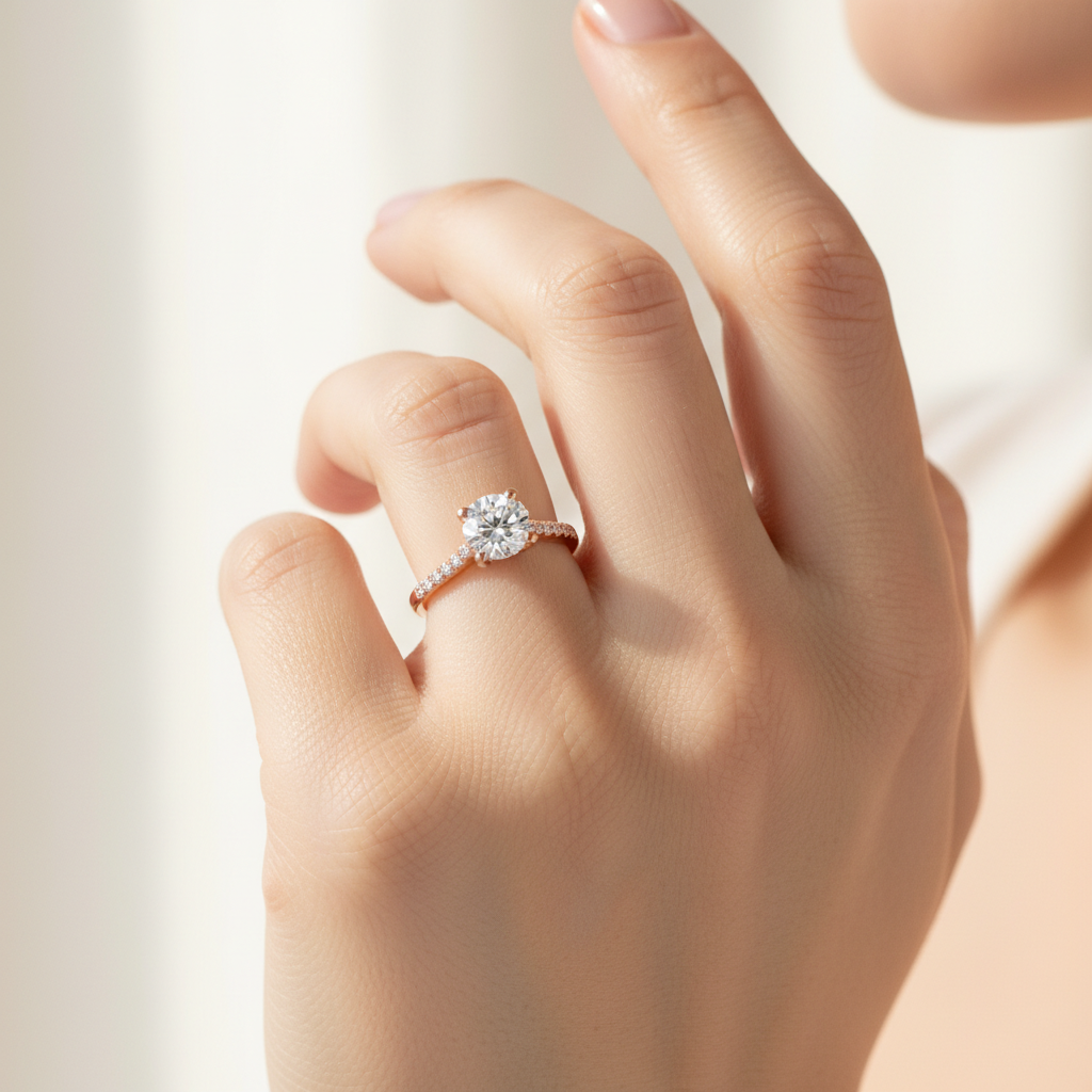 Rose Gold Hidden Halo Diamond Engagement Ring With Pav Band - Fourteen