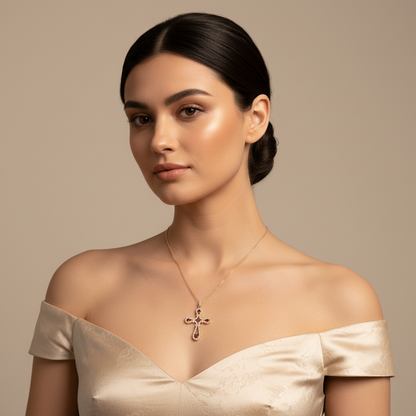 Ornate Cross Pendant Necklace With Red And Clear Stones Halo Design - Two