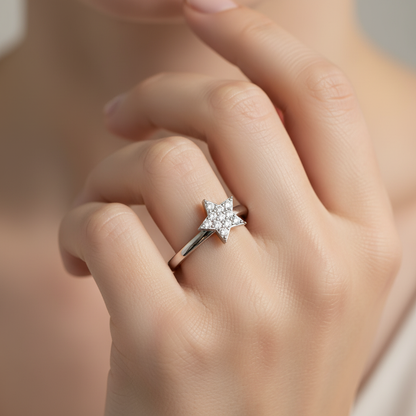 Pav Diamond Star Ring With Delicate Band - Two