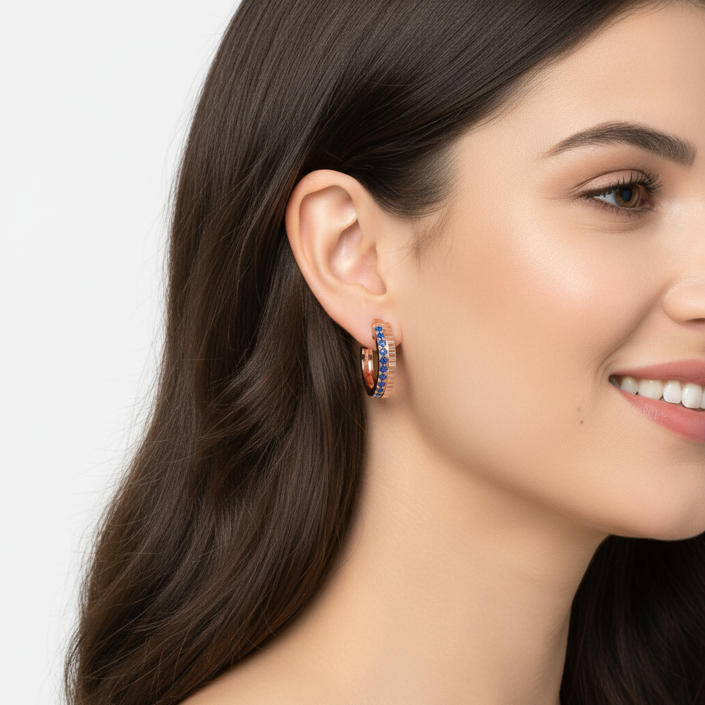 Blue Sapphire Hoop Earrings In Rose Gold – Classic Minimal Color Statement Hoops | Jebij - Two