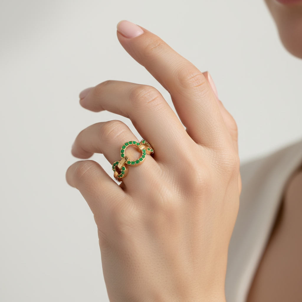 Emerald Multi-Link Circular Ring In Yellow Gold | Double Pave Interlocking Chain Statement Luxury Ring For Women | Jebij - Nine
