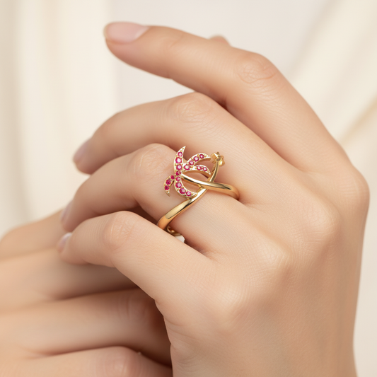 Red Stone Star & Crescent Moon Ring In Pink Gold - Two