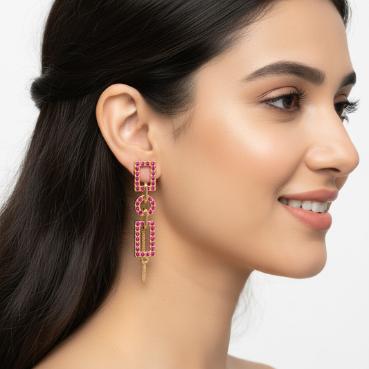 Red Gemstone Geometric Chain Drop Earrings With Rectangle And Circle Links - Two