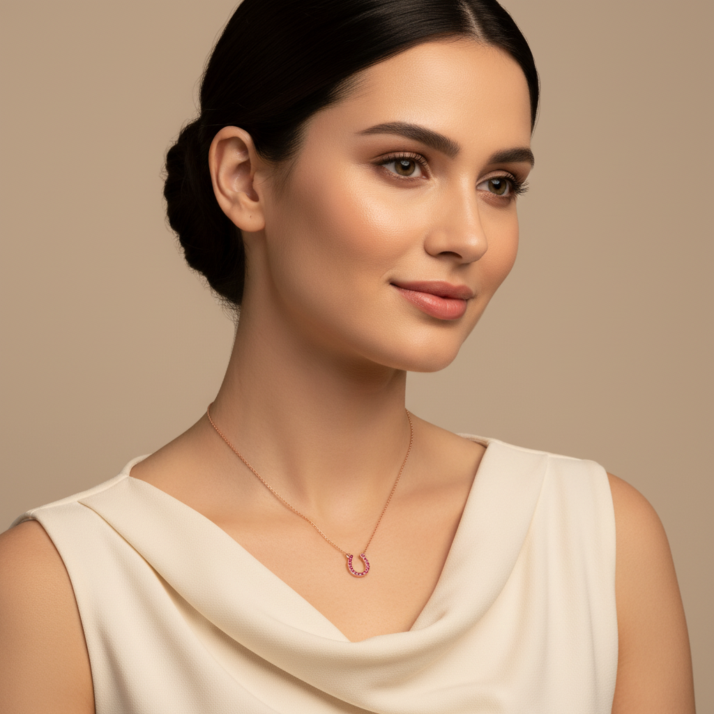 Ruby Horseshoe Pendant Necklace With Rose Tone Chain - Two