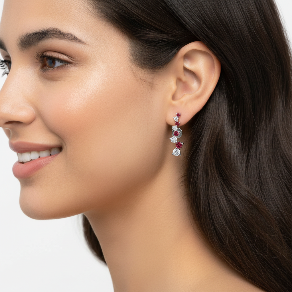 Ruby Gemstone And White Diamond Curved Climber Earrings White Gold - Two