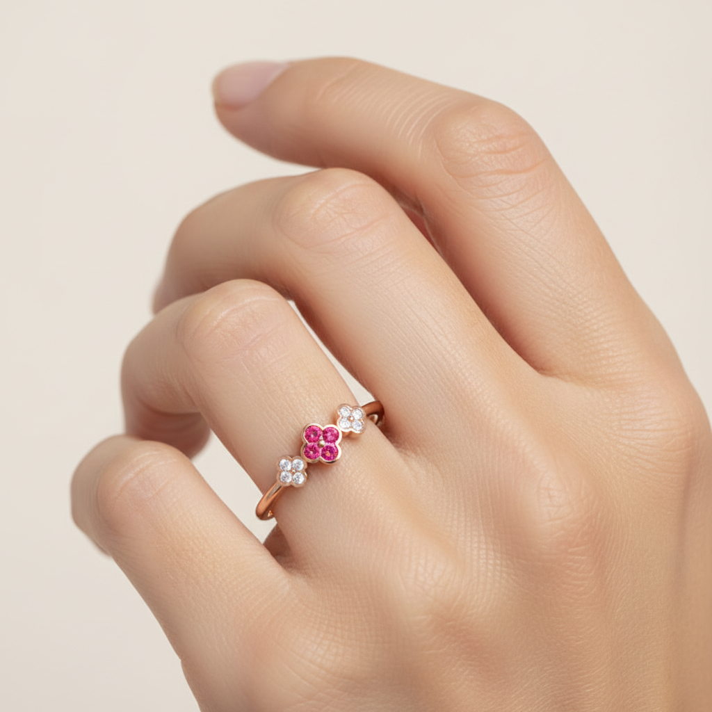 Triple Flower Cluster Ring With Ruby And Diamond Accents - Two