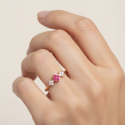 Triple Flower Cluster Ring With Ruby And Diamond Accents - Two