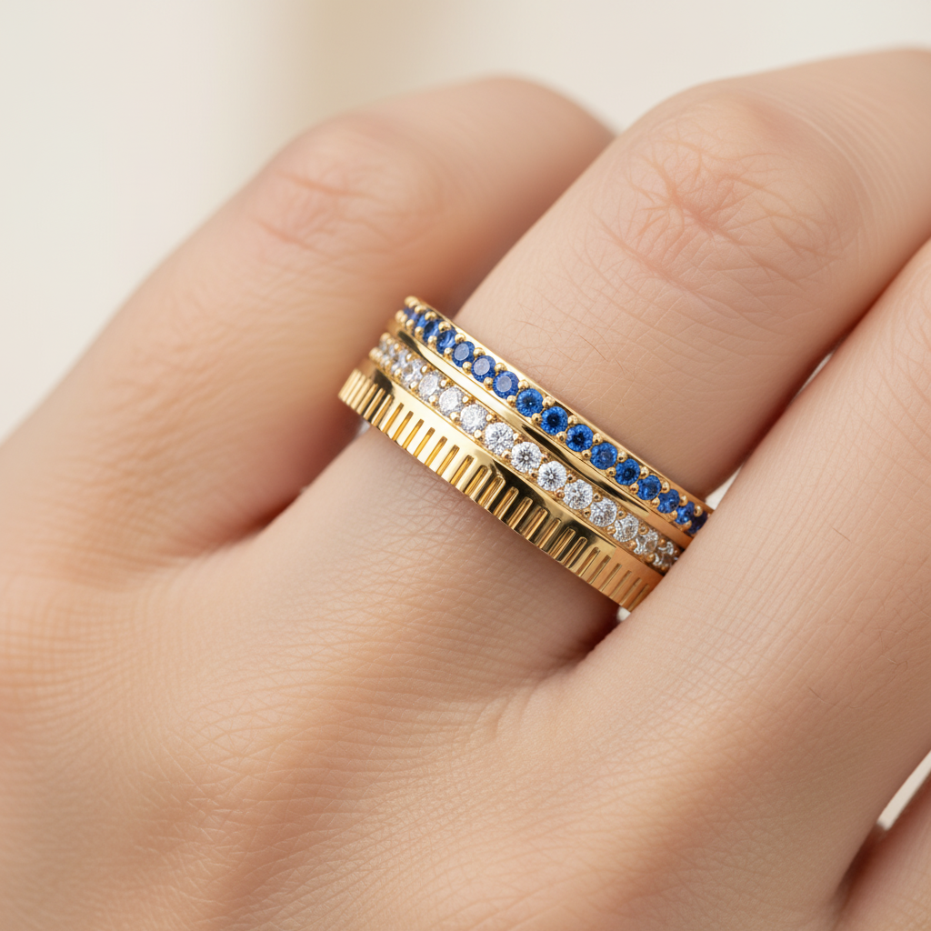 Gold Blue Sapphire Diamond Multi-Row Band Ring – Textured Statement Luxury Ring | Jebij - Two