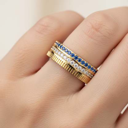 Gold Blue Sapphire Diamond Multi-Row Band Ring – Textured Statement Luxury Ring | Jebij - Two