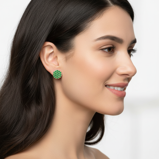 Pav Green Crystal Disc Stud Earrings With Screw Back - Two