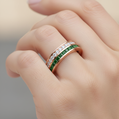 Emerald and Diamond Double Band Ring with Open Bridge Design