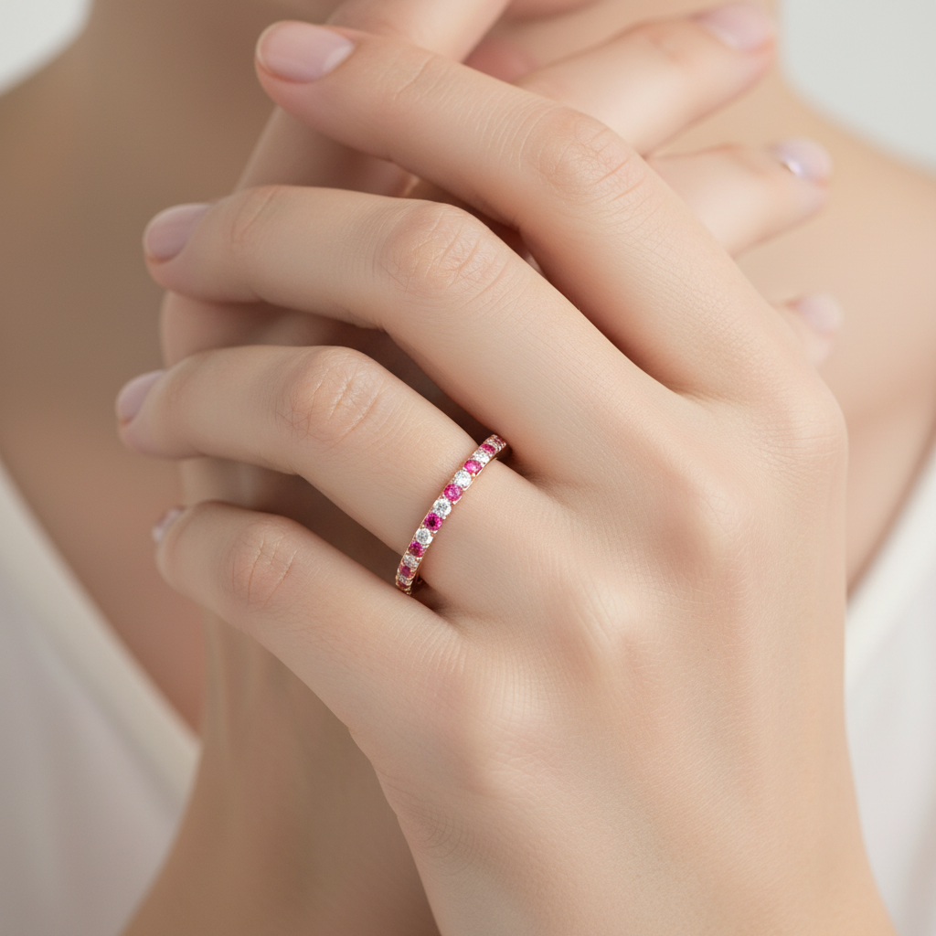 Ruby And Diamond Alternating Half Eternity Band Ring - Two