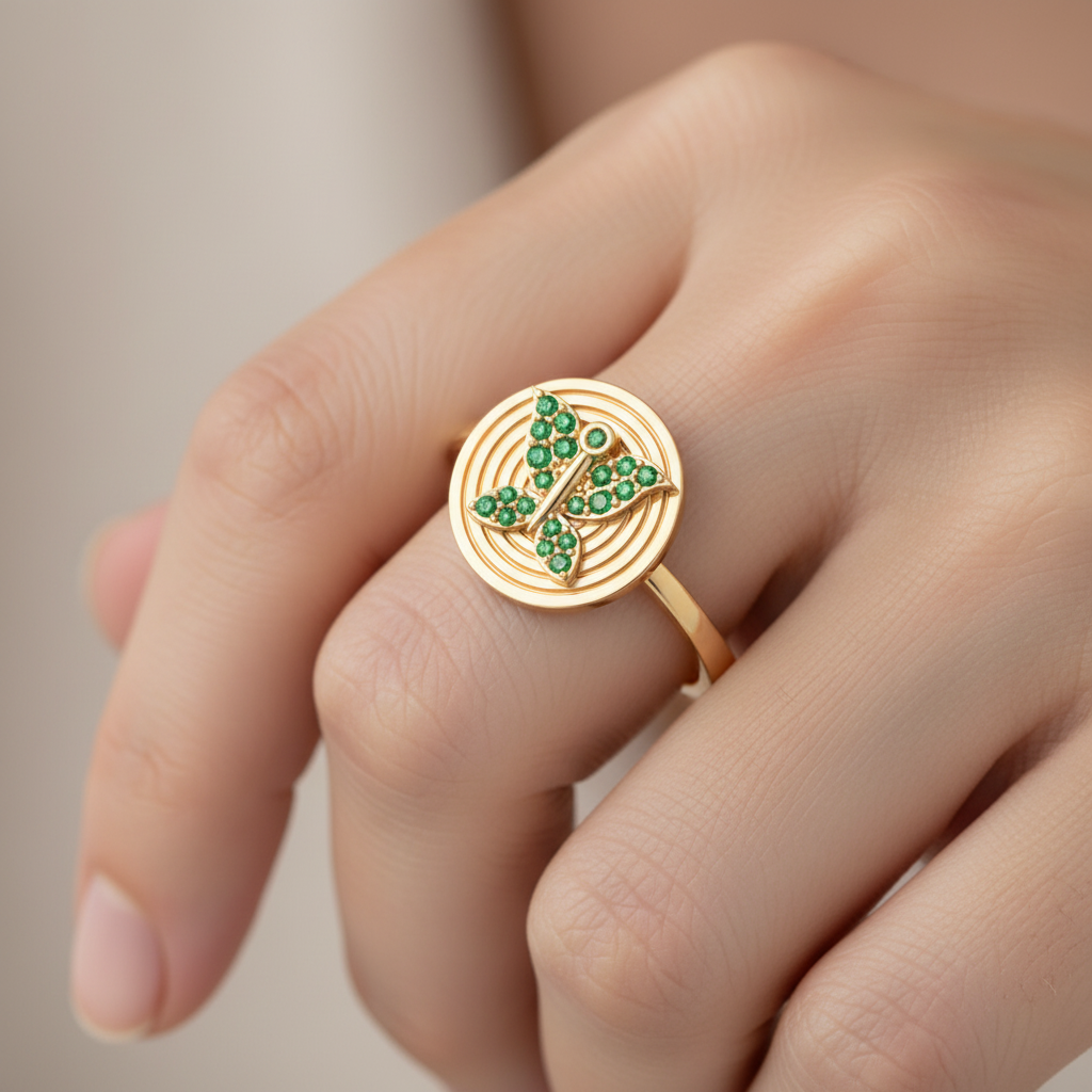 Emerald Initial T Signet Ring With Concentric Circle Design - Eight
