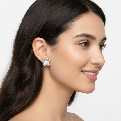 Pav Diamond Paw Print Stud Earrings With Screw Backs - Two