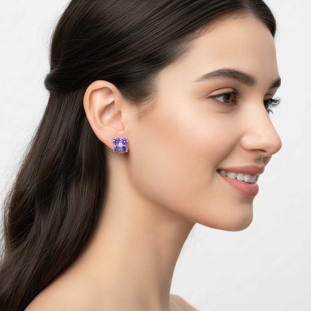 Purple Amethyst Four Stone Cluster Stud Earrings With Diamond Accent - Two