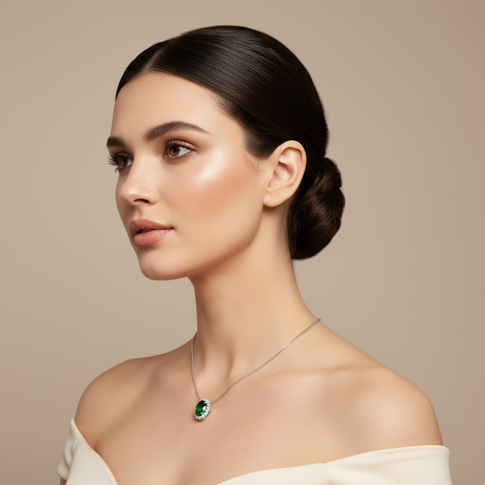 925 Silver Oval Emerald Halo Pendant Necklace with Moissanite Accents