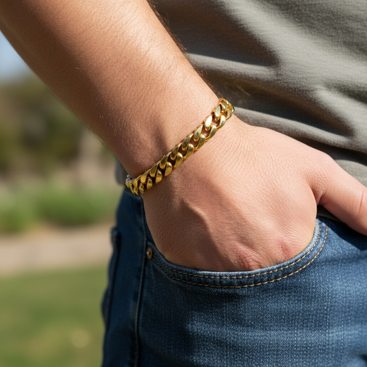 Bold Men’s Gold Chain Bracelet Wide Cuban Curb Style - Two