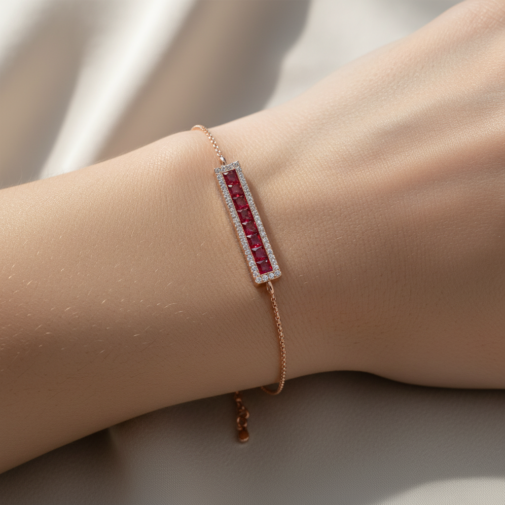 Princess Cut Ruby Bar Bracelet With Diamond Halo Chain Bracelet - Two
