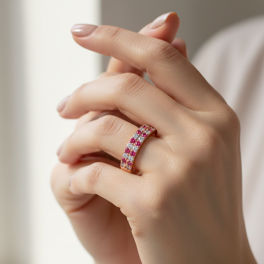 Double Row Ruby And Diamond Eternity Band Ring - Two