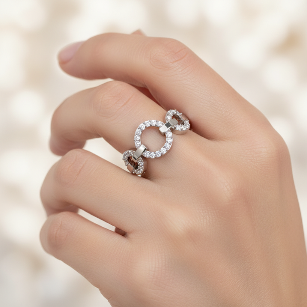 Diamond Multi-Link Circular Ring In White Gold | Double Pave Interlocking Chain Statement Luxury Ring For Women | Jebij - Two