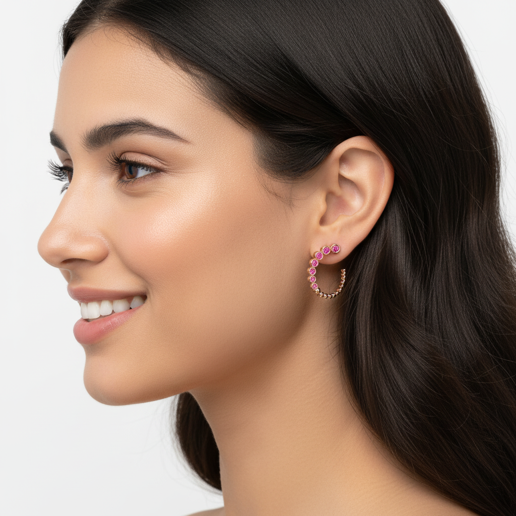 Pink Tourmaline Beaded Circle Hoop Earrings - Two