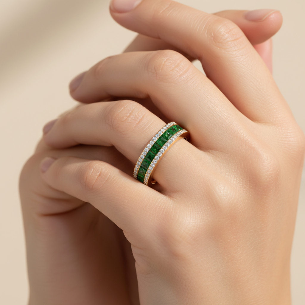 Princess Cut Emerald And Diamond Channel Set Band Ring - Two