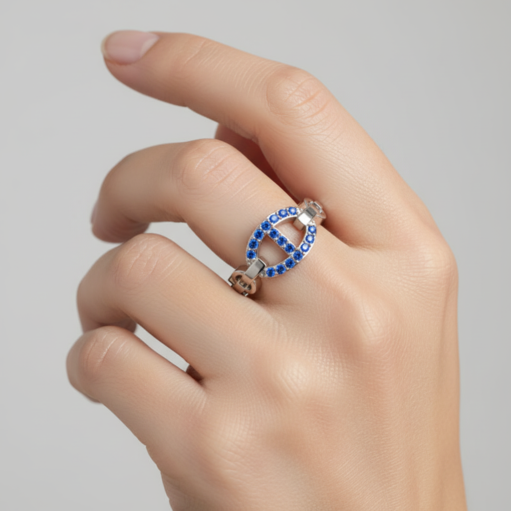 Blue Sapphire Oval Ring (Lab-Grown) | White Gold Chain Link Bar Design For Women | Jebij - Two