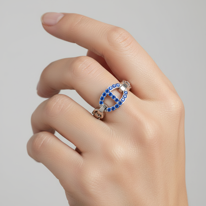 Blue Sapphire Oval Ring (Lab-Grown) | White Gold Chain Link Bar Design For Women | Jebij - Two