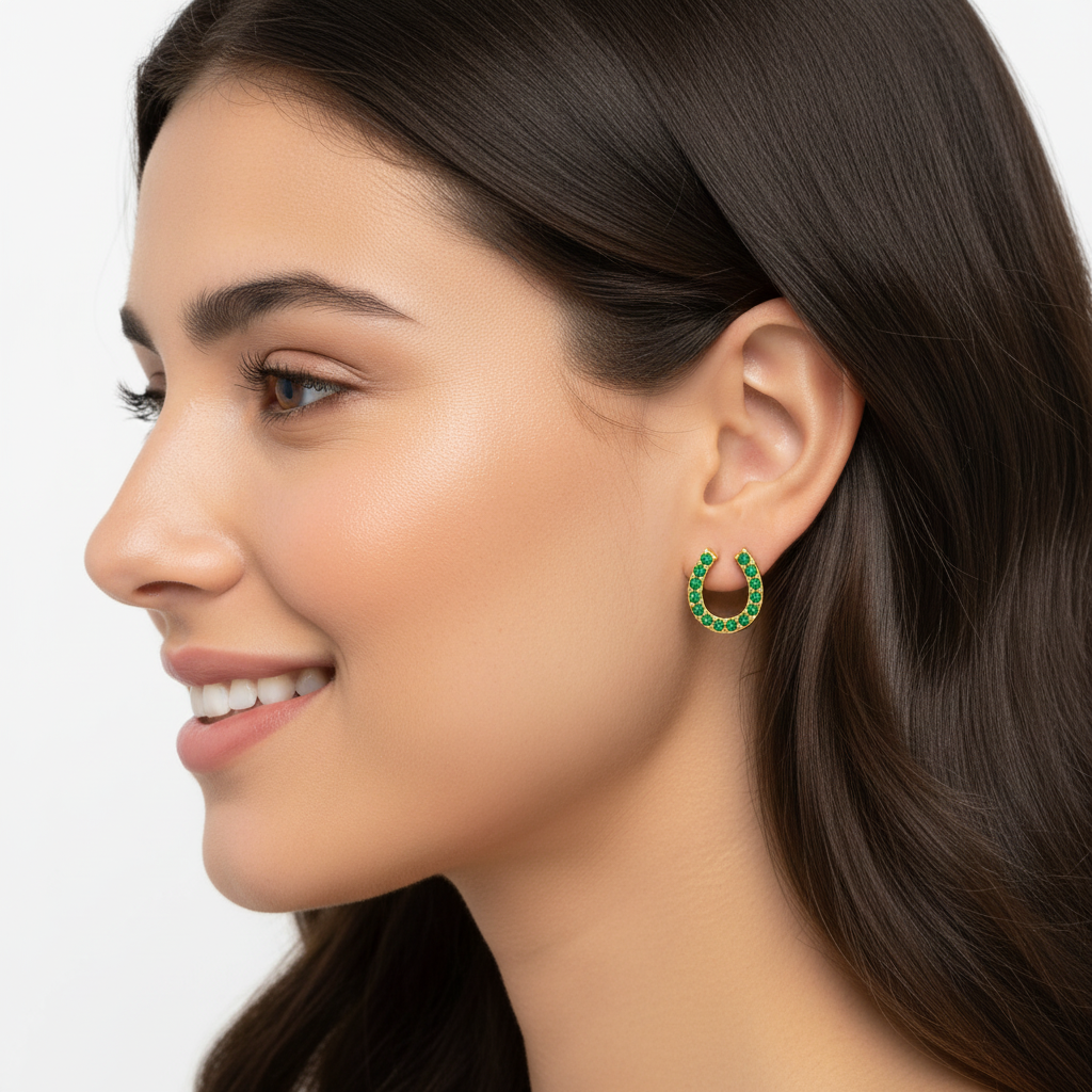 Emerald Horseshoe Stud Earrings With Screw Back Closure - Two
