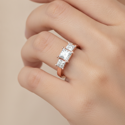 Sparkling Diamond Tri Stone Ring In 925 Sterling Silver - Fourteen