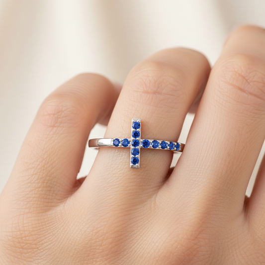 Blue Sapphire Cross Ring Delicate Stackable Band