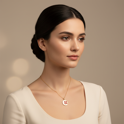 Ruby Flower Disc Pendant Necklace With Ball Chain - Five