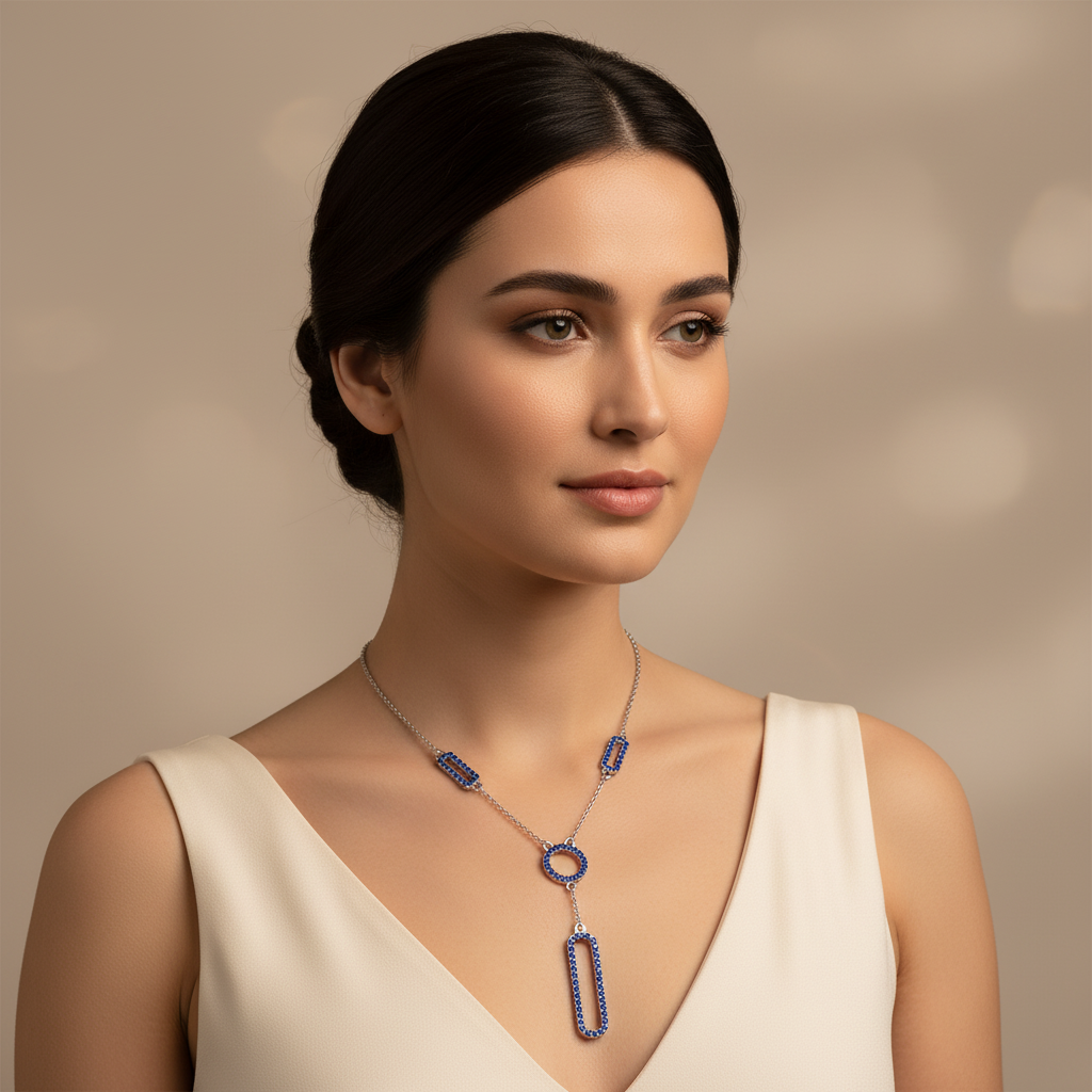 Lab-Grown Blue Sapphire Geometric Drop Y Necklace In Rose Gold | Modern Pave Circle & Bar Design (16–17 Inch Adjustable) | Jebij - Two