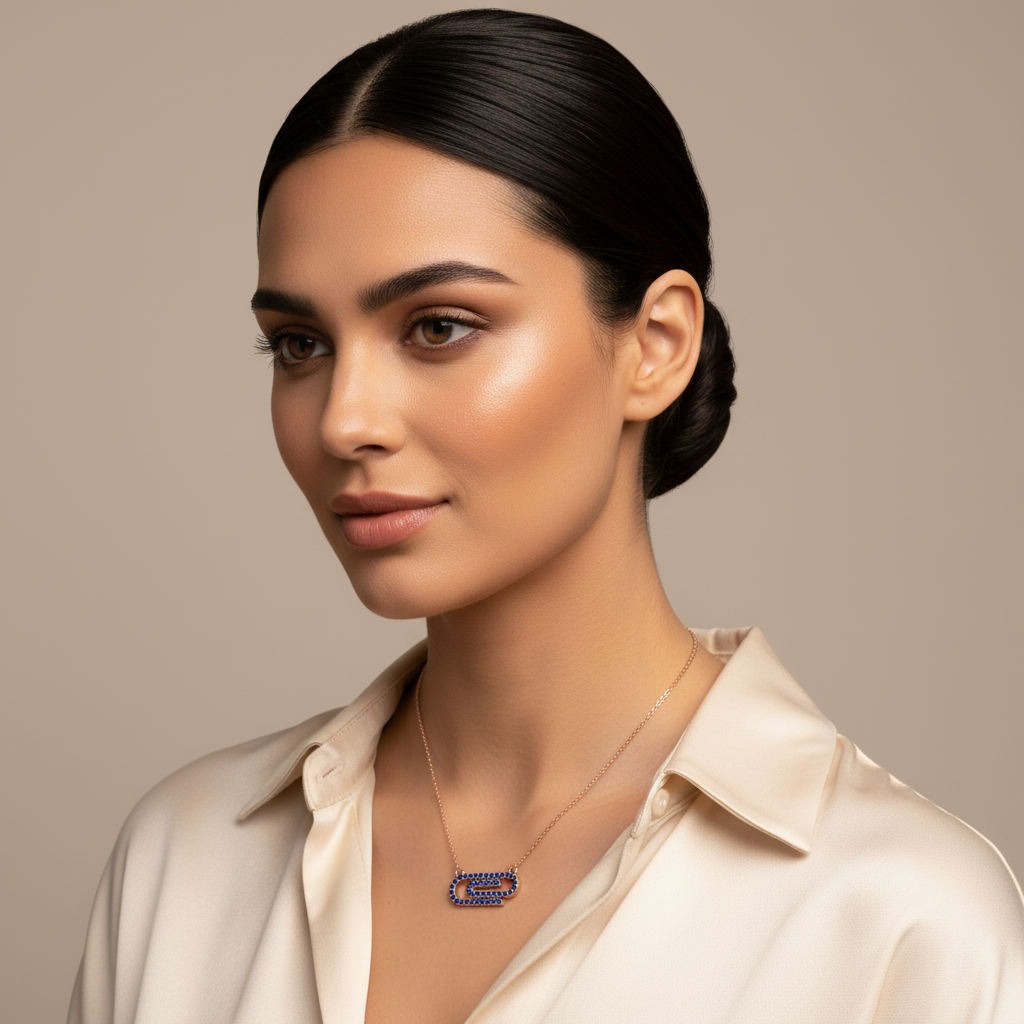 Lab-Grown Blue Sapphire Interlocking Link Pendant Necklace In Rose Gold | Modern Geometric Pave Design (16–17 Inch Adjustable) | Jebij - Two