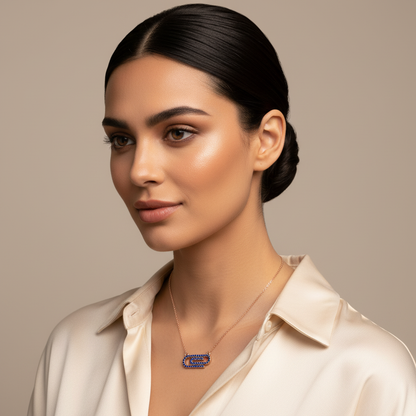 Lab-Grown Blue Sapphire Interlocking Link Pendant Necklace In Rose Gold | Modern Geometric Pave Design (16–17 Inch Adjustable) | Jebij - Two