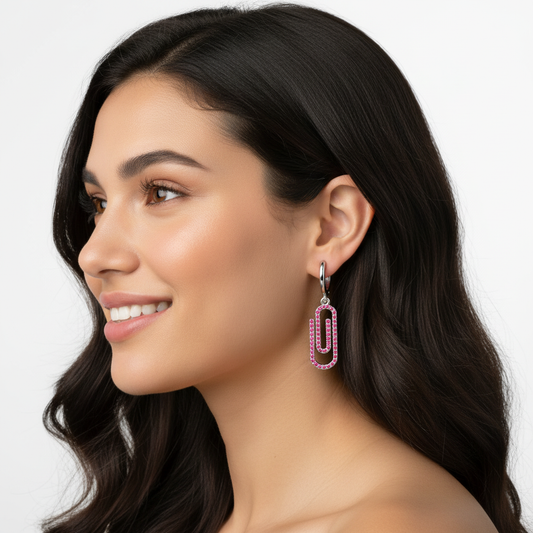 Pink Sapphire Paperclip Link Huggie Hoop Earrings
