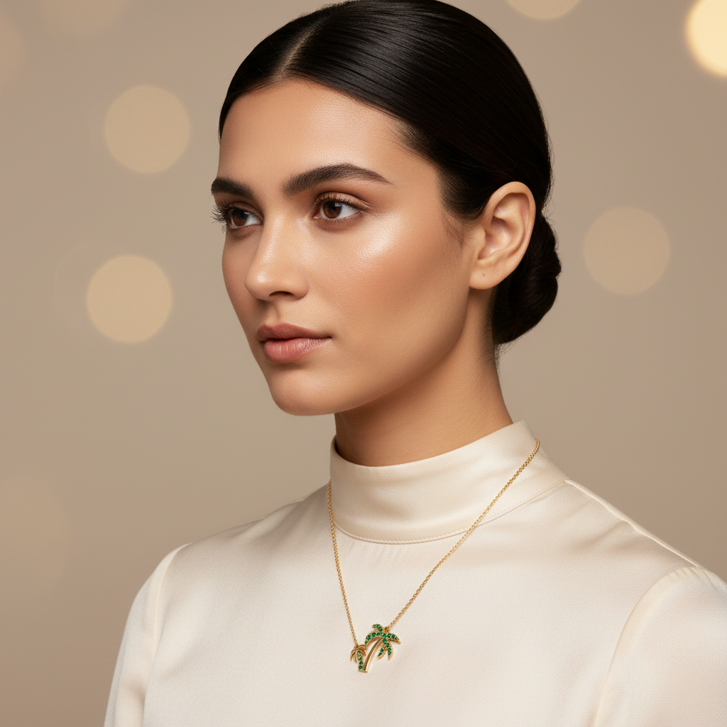 Green Crystal Palm Tree Pendant Necklace - Two