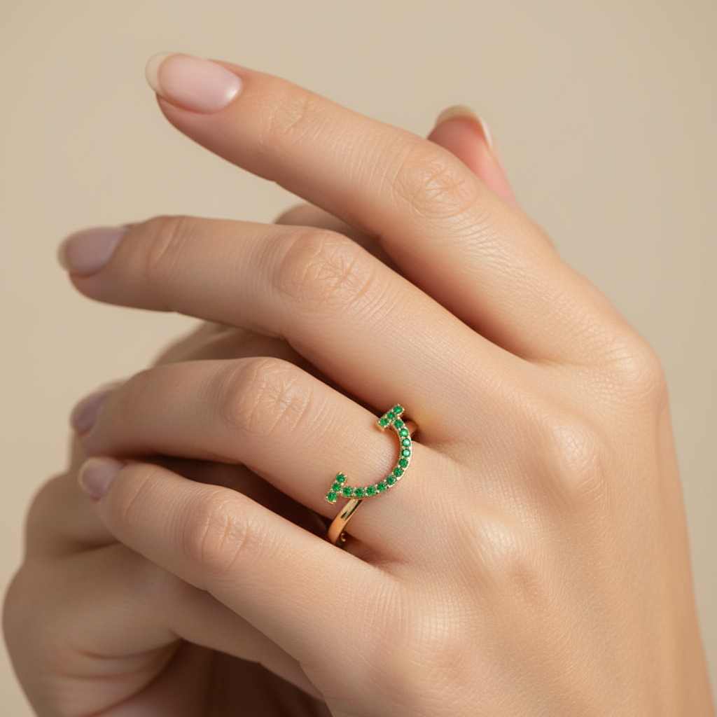 Green Lab Grown Gemstone Horseshoe Ring - Two