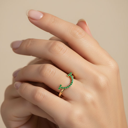 Green Lab Grown Gemstone Horseshoe Ring - Two