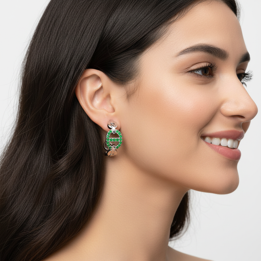 Green Lab-Grown Gemstone Hoop Earrings In Gold Finish – Modern Oval Link Huggie Design - Two