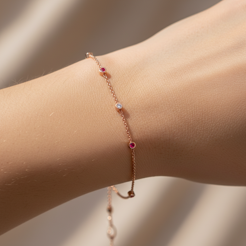 Delicate Chain Bracelet With Pink Gemstone Accents - Two