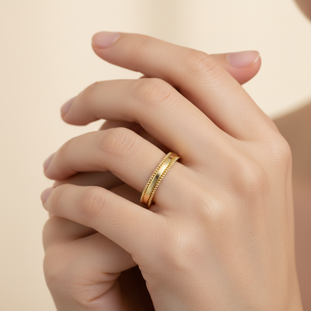Yellow Gold Milgrain Edge Wedding Band Ring - Two