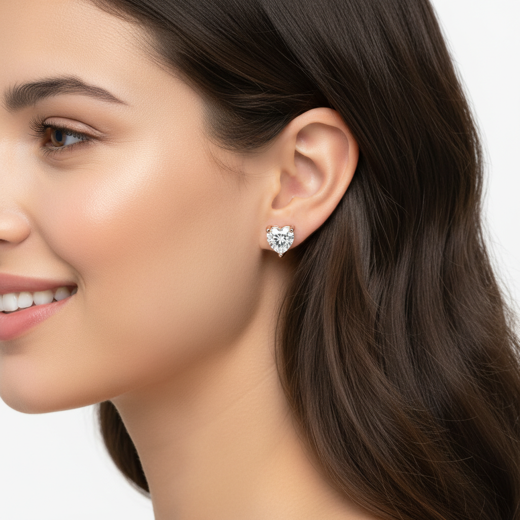 Heart Shape Diamond Stud Earrings In Gold - Two