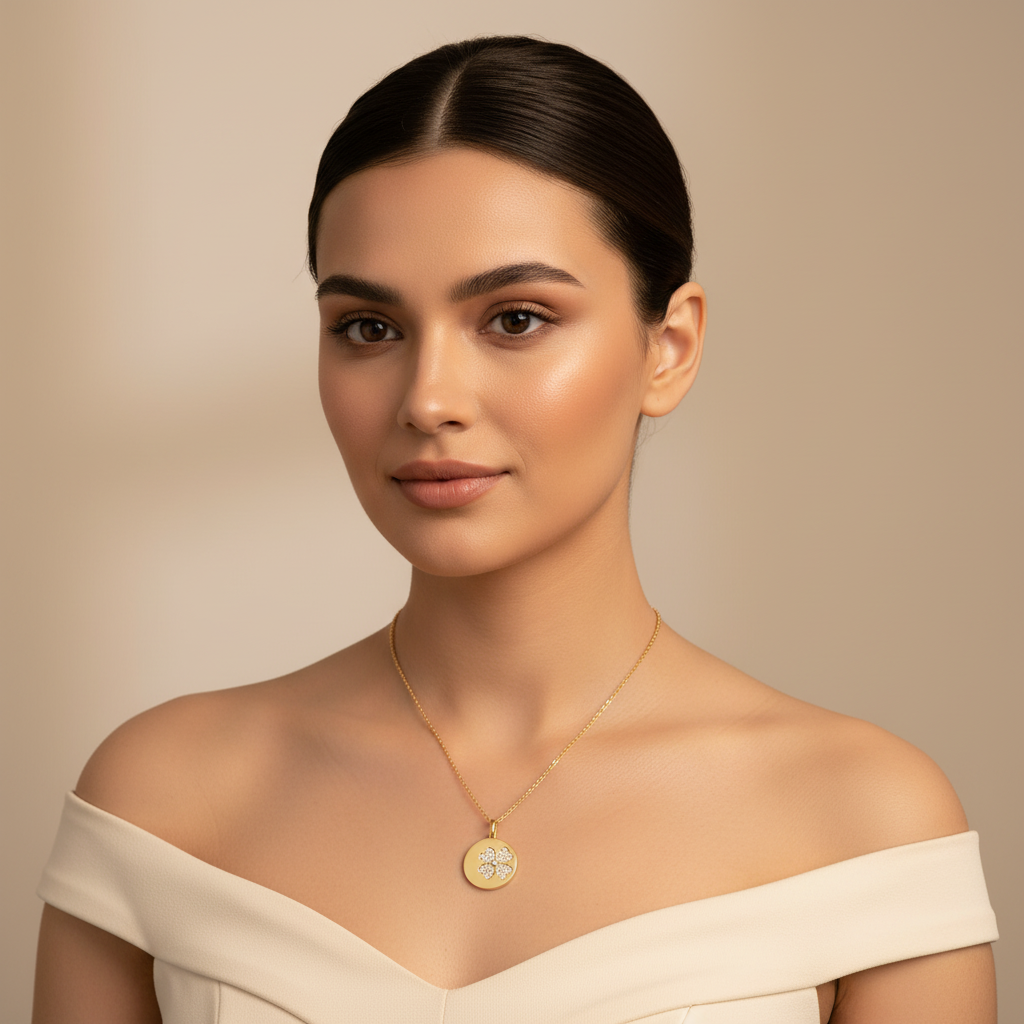 Pav Four Leaf Clover Disc Pendant Necklace - Two