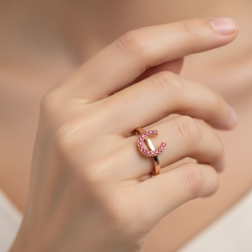 Pink Crystal Horseshoe Ring - Two