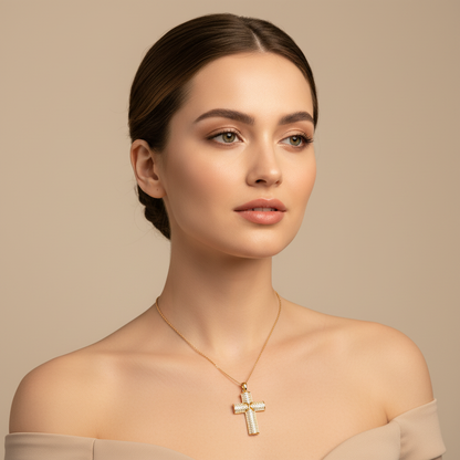 Pav Cross Pendant Necklace With Heart Detail - Two