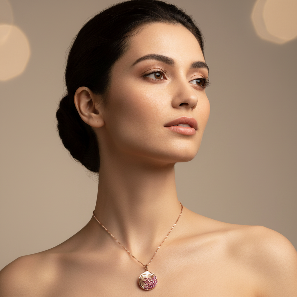 Ruby Sunburst Disc Pendant Necklace With Textured Rays - Five