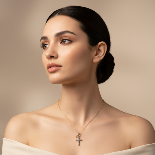 Blue Crystal Cross Pendant Necklace With Heart Charm - Five