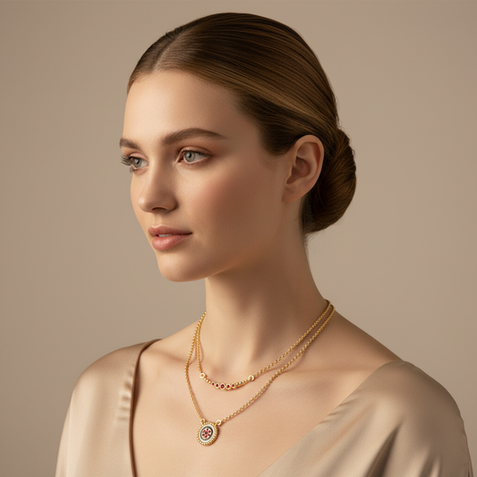 Double Layer Pink Gemstone Beaded Pendant Necklace